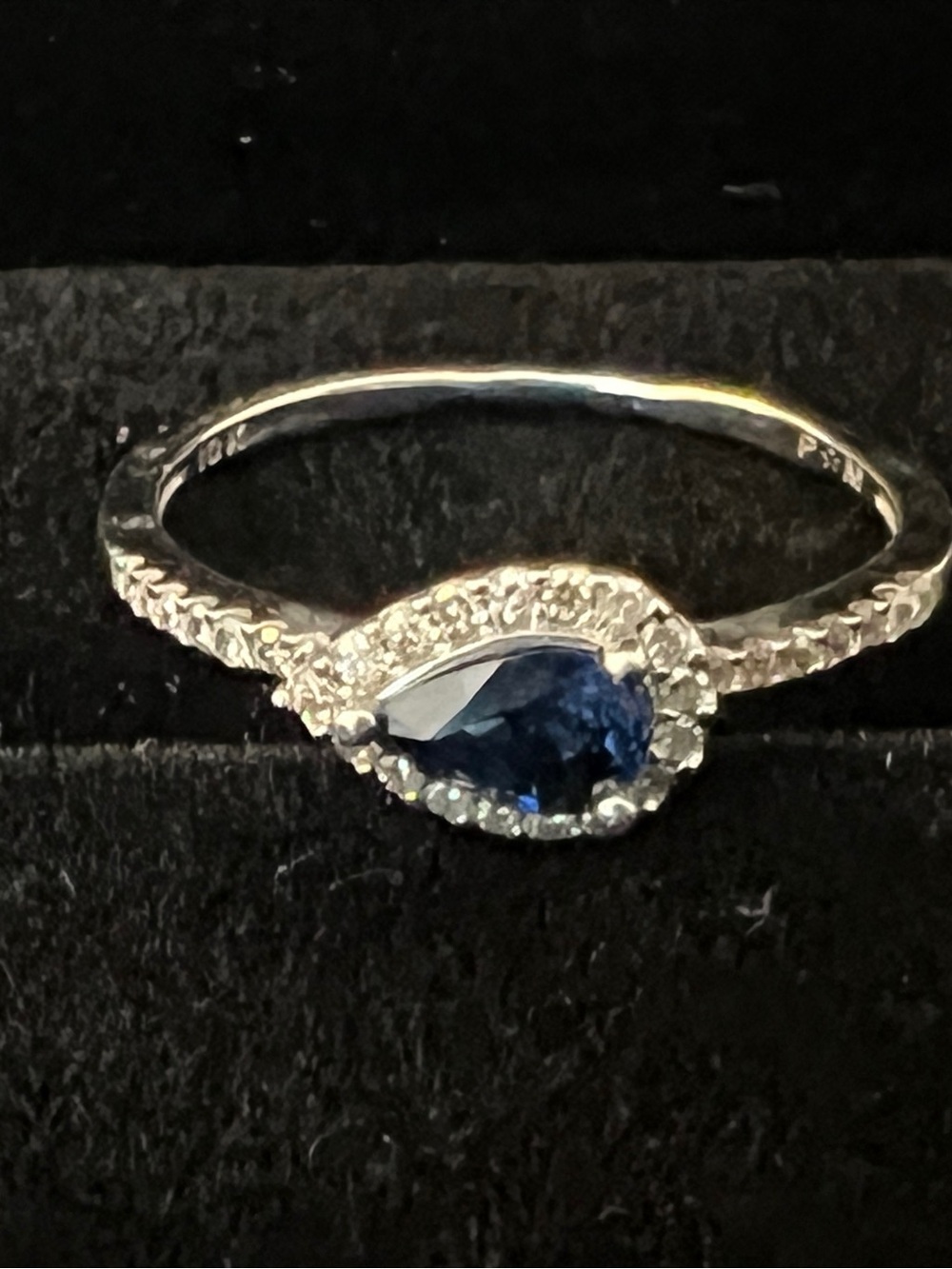 East west set-Teardrop blue Saphire with diamond Halo Ring 10K- Women Jewelry